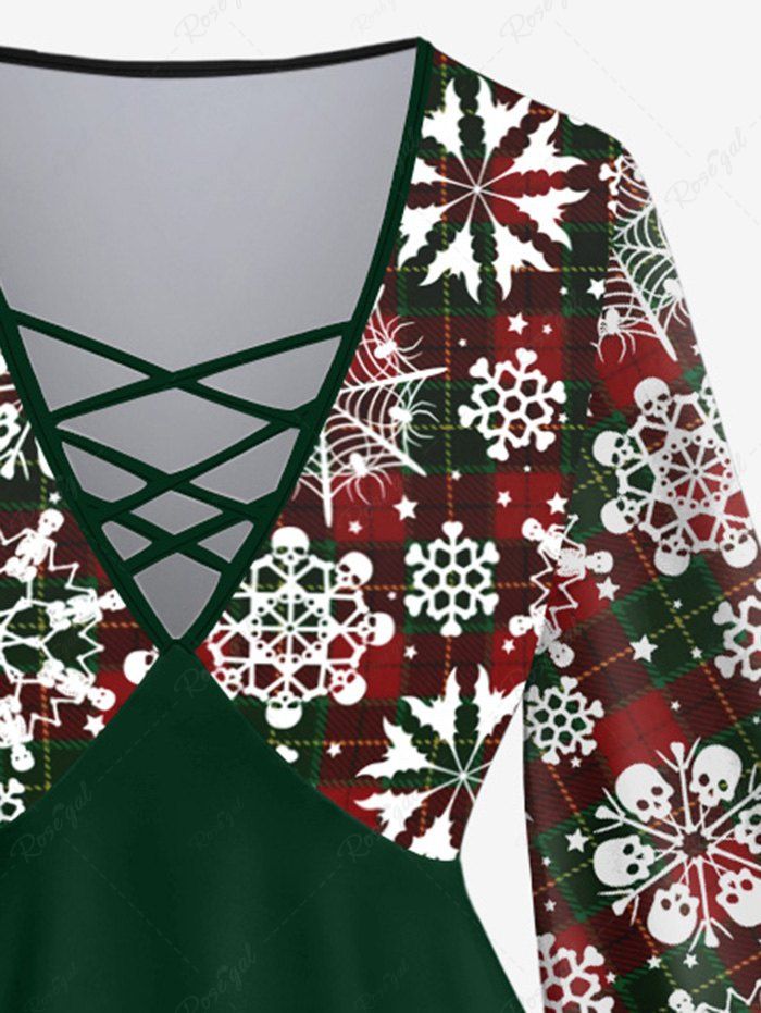 Gothic Flare Sleeves Skulls Bat Spider Web Snowflake Plaid Print Lattice Christmas Patchwork Blouse