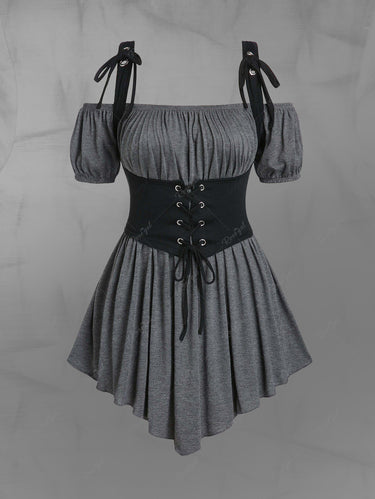 Gothic Plus Size Medieval Renaissance Ruched Off Shoulder Asymmetrical Blouse With Grommets Lace Up Corset