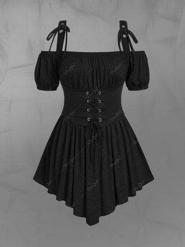 Gothic Plus Size Medieval Renaissance Ruched Off Shoulder Asymmetrical Blouse With Grommets Lace Up Corset