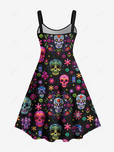 Gothic Plus Size Valentine's Day Colorful Floral Skulls Snowflake Heart Print A Line Tank Dress