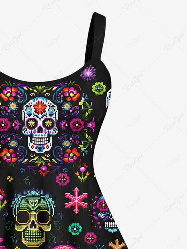 Gothic Plus Size Valentine's Day Colorful Floral Skulls Snowflake Heart Print A Line Tank Dress