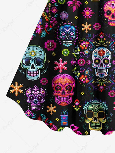 Gothic Plus Size Valentine's Day Colorful Floral Skulls Snowflake Heart Print A Line Tank Dress