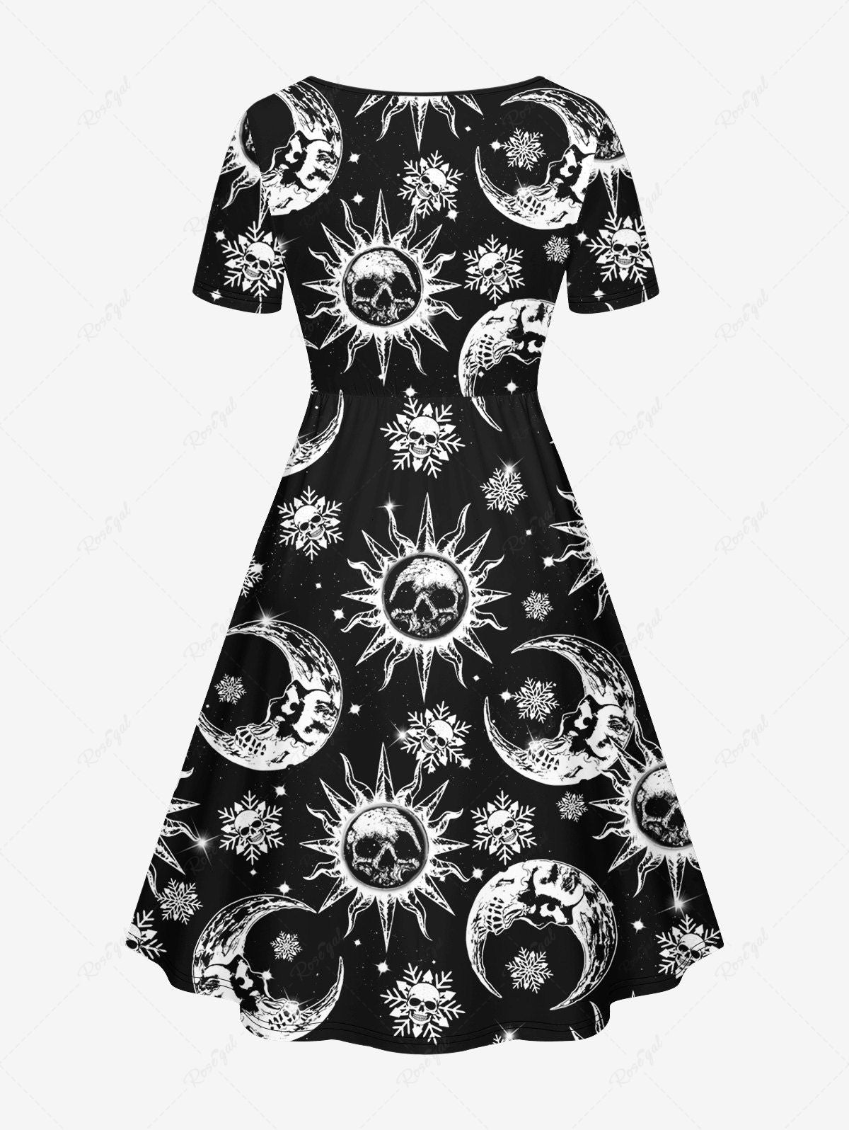 Gothic Glitter Skull Sun Moon Snowflake Print Christmas Cinched A Line