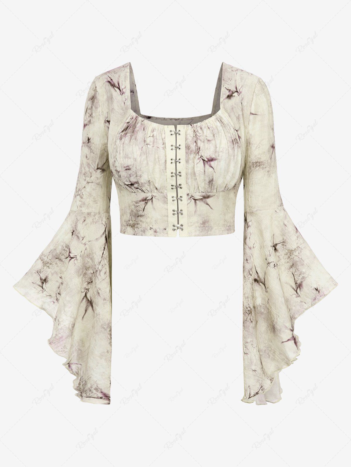 Gothic Flare Sleeves Ink Painting Floral Leaf Printed Ruched Distressed Hook and Eye Cropped Blouse