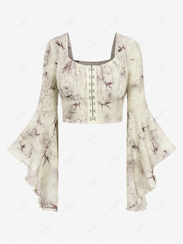 Gothic Plus Size Flare Sleeves Ink Painting Floral Leaf Printed Ruched Distressed Hook and Eye Cropped Blouse