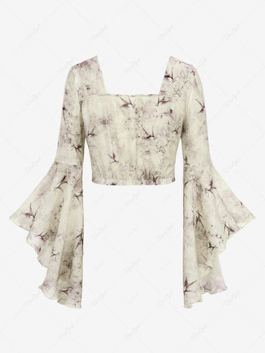 Gothic Plus Size Flare Sleeves Ink Painting Floral Leaf Printed Ruched Distressed Hook and Eye Cropped Blouse