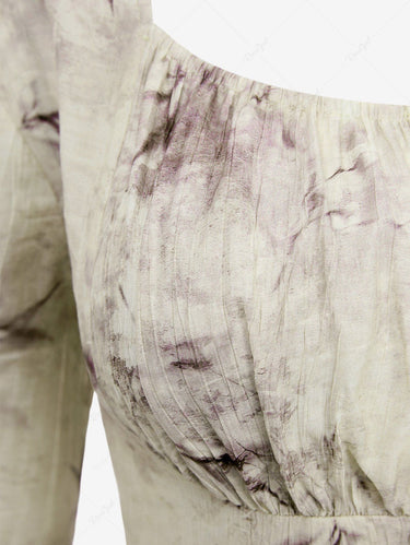 Gothic Plus Size Flare Sleeves Ink Painting Floral Leaf Printed Ruched Distressed Hook and Eye Cropped Blouse