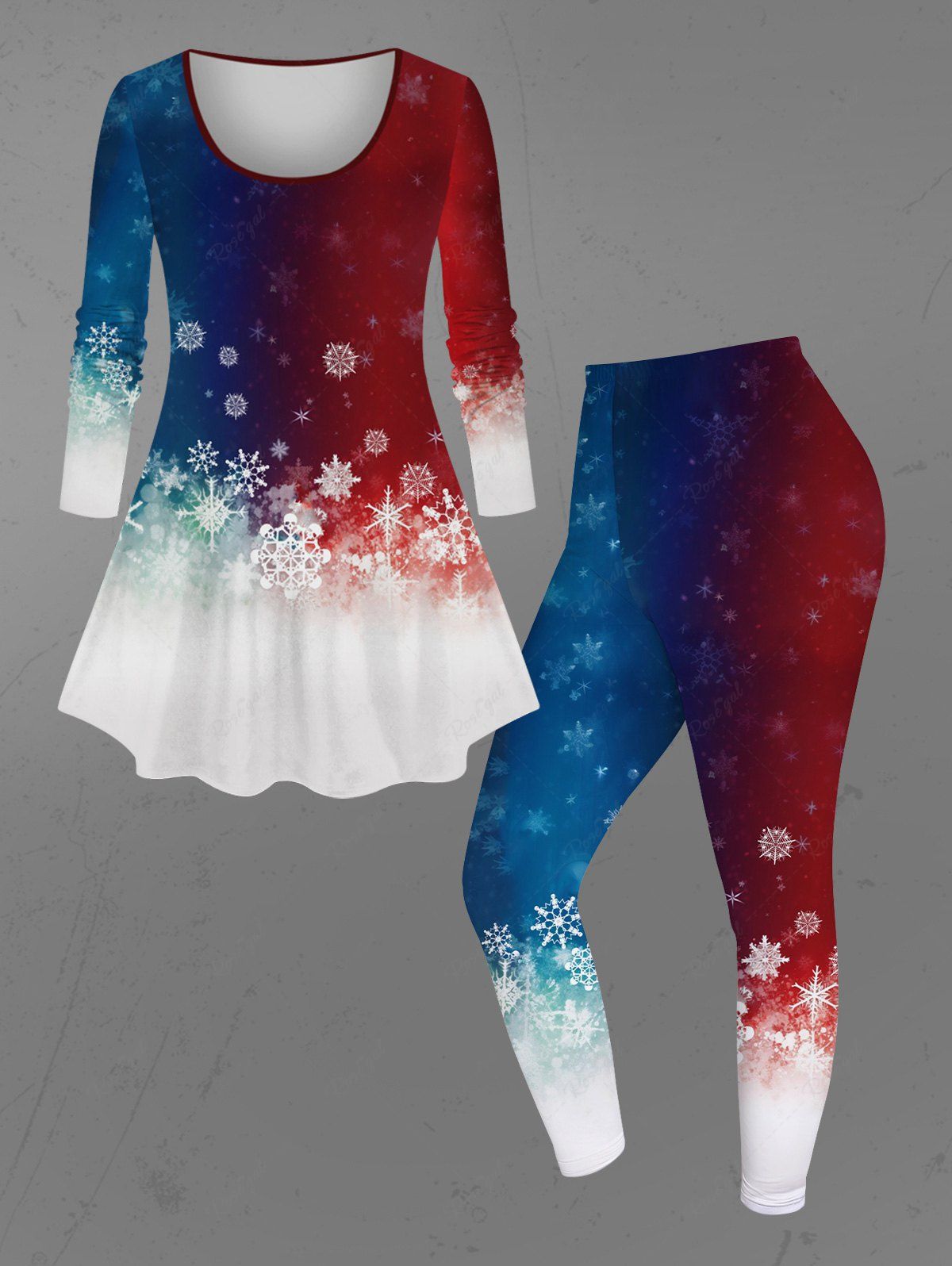 Gothic Snowflake Colorblock Print Christmas Ombre Long Sleeves Top and Leggings Pajama Set