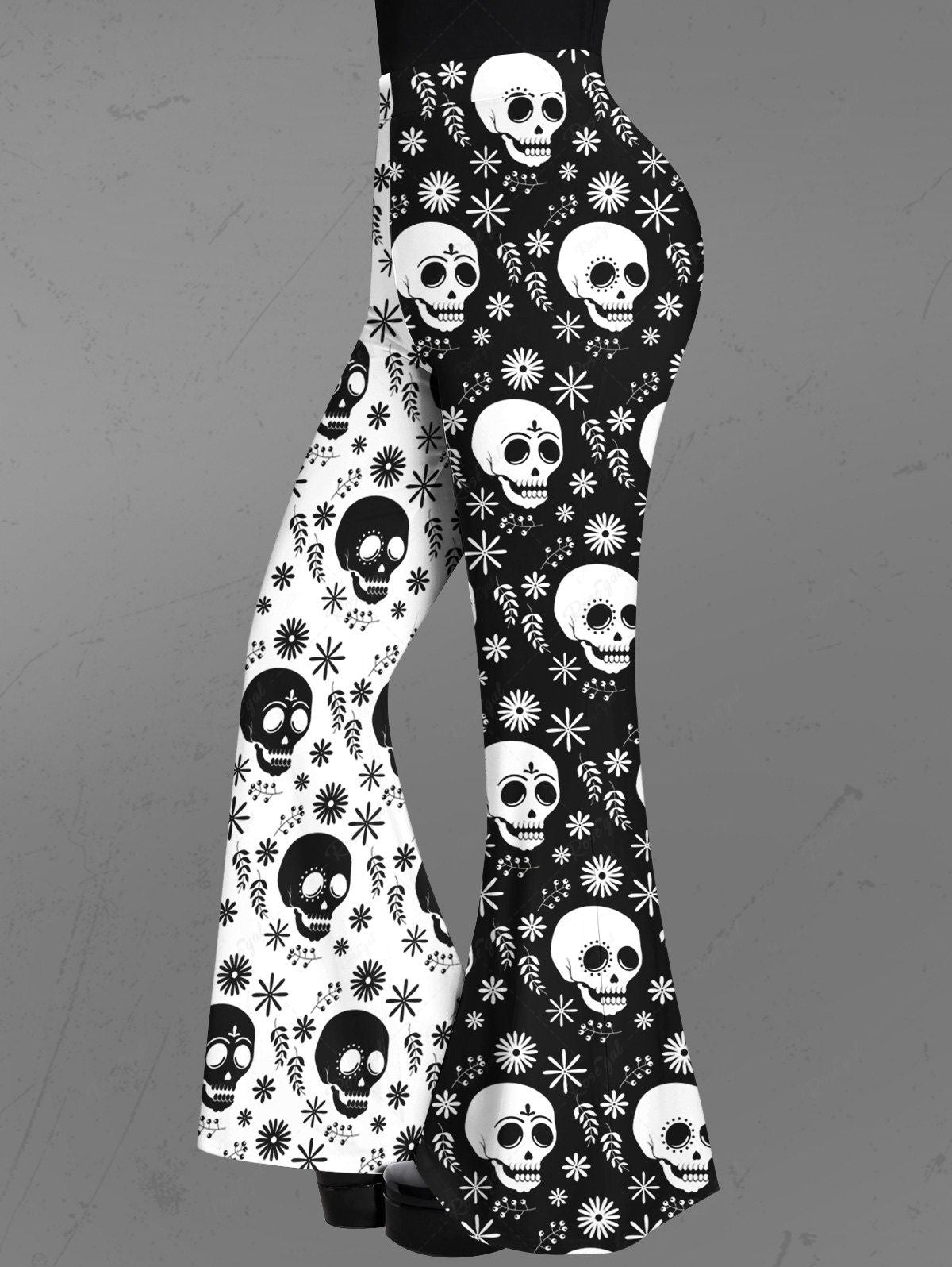 Gothic Skulls Floral Print Two Tone Colorblock Patchwork Pull On Flare Pants