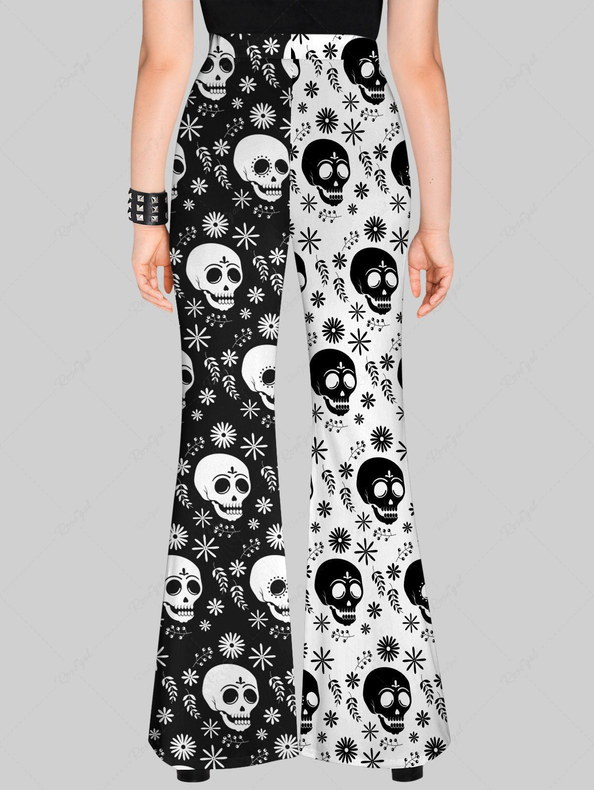 Gothic Skulls Floral Print Two Tone Colorblock Patchwork Pull On Flare Pants
