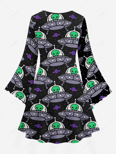Gothic Plus Size Flare Sleeves Alien Planet Galaxy Print A Line Dress