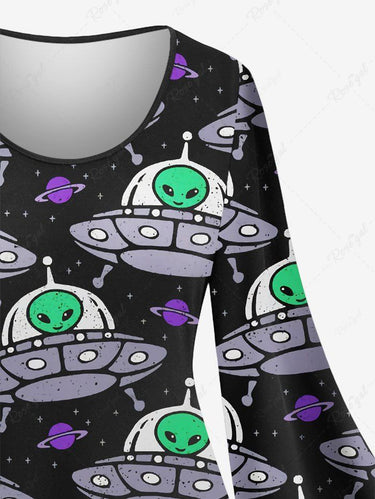 Gothic Plus Size Flare Sleeves Alien Planet Galaxy Print A Line Dress