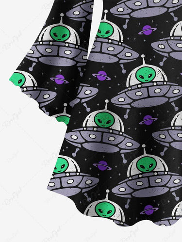 Gothic Plus Size Flare Sleeves Alien Planet Galaxy Print A Line Dress