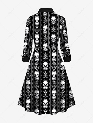 💗Lauren Loves💗 Gothic Plus Size Turn-down Collar Skulls Heart Floral Striped Print Buttons A Line Shirt Dress