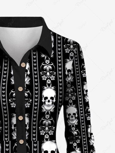 💗Lauren Loves💗 Gothic Plus Size Turn-down Collar Skulls Heart Floral Striped Print Buttons A Line Shirt Dress
