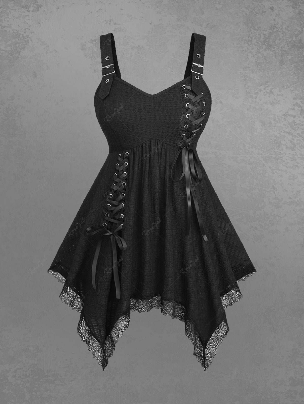 Gothic Lace Up Lace-trim Buckle Grommet Textured Handkerchief Solid Tank Top