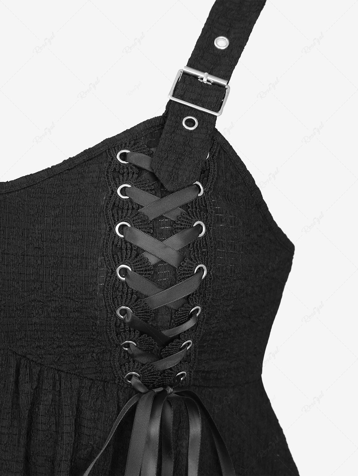 Gothic Lace Up Lace-trim Buckle Grommet Textured Handkerchief Solid Tank Top