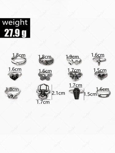12 Pcs Heart Butterfly Cross Spider Vintage Rings Set