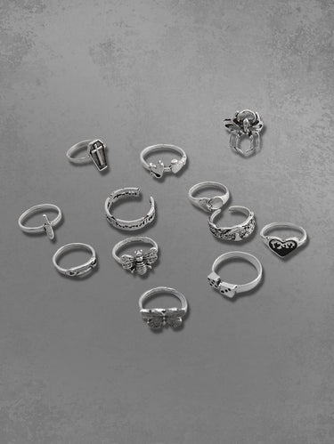 12 Pcs Heart Butterfly Cross Spider Vintage Rings Set