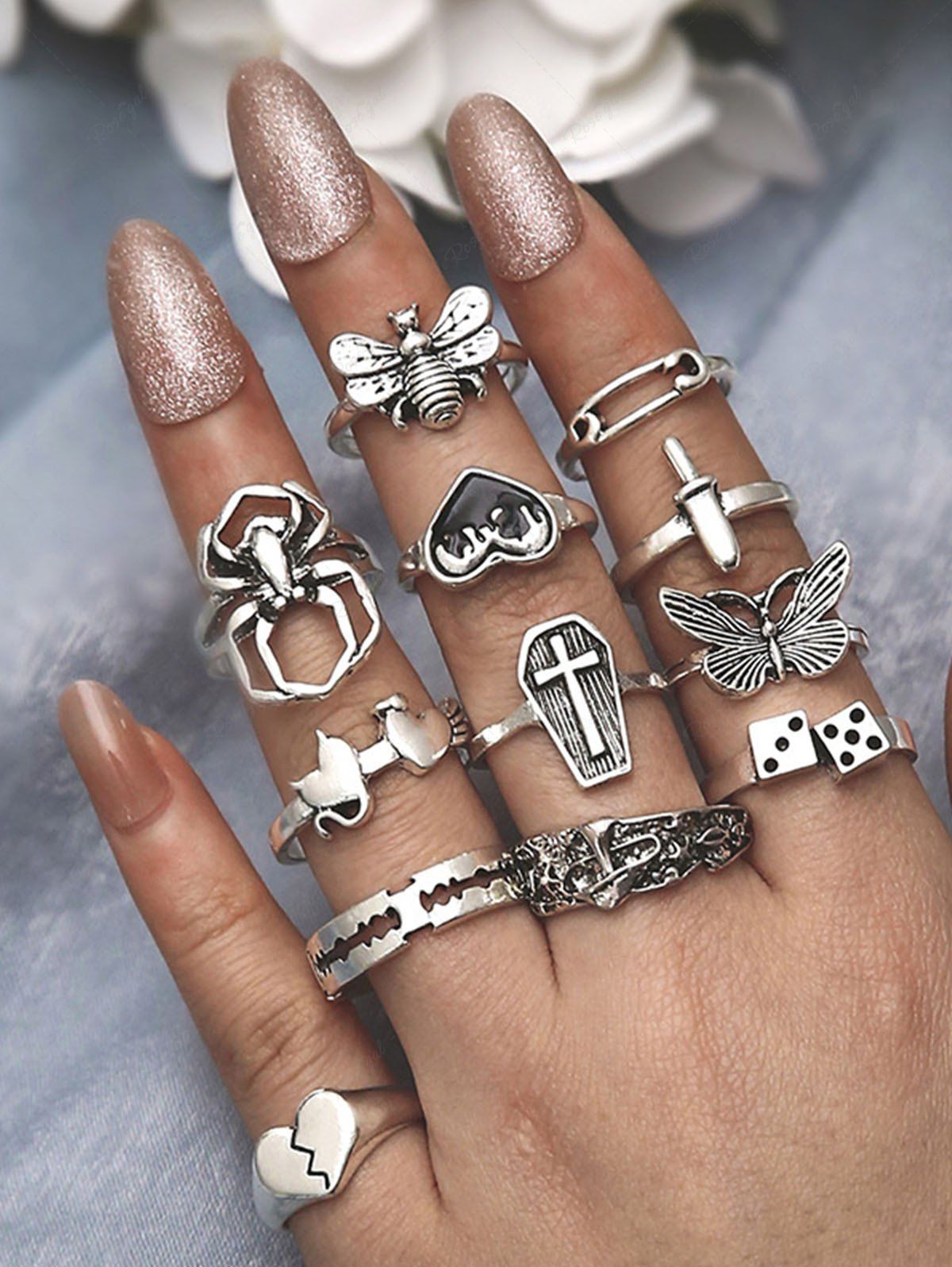 12 Pcs Heart Butterfly Cross Spider Vintage Rings Set