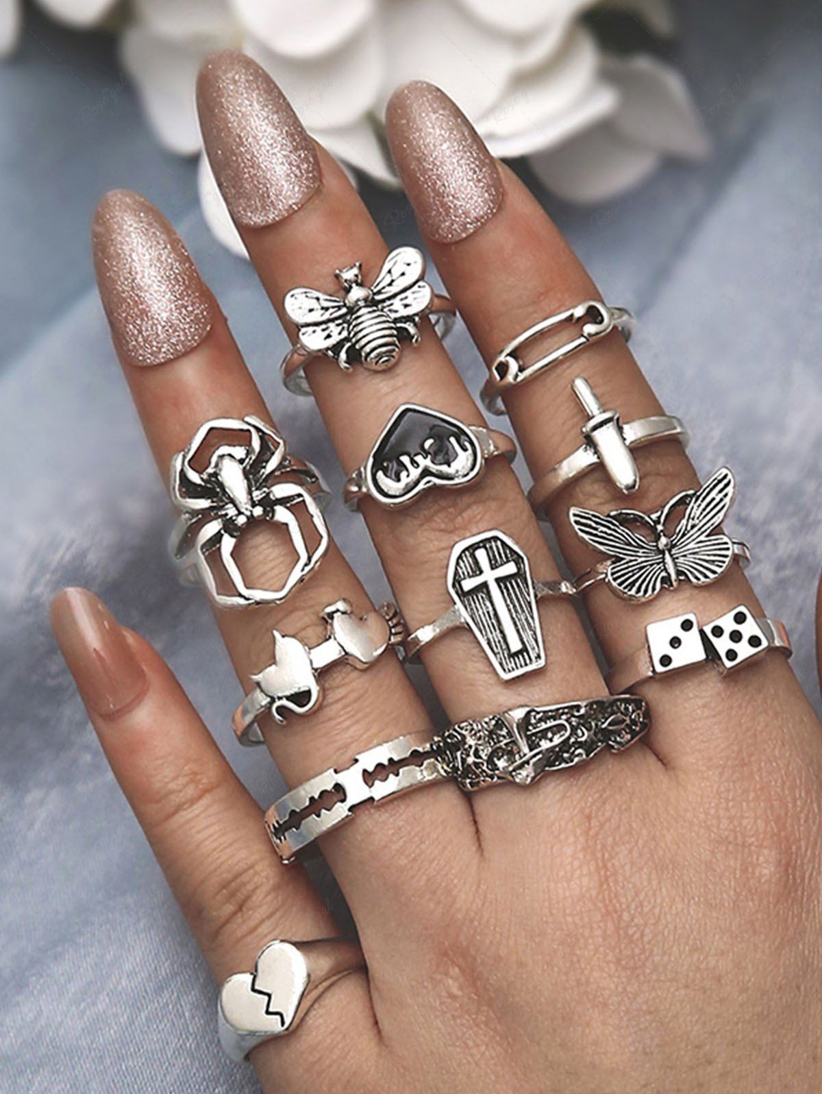 Flyff Rgothic Set 12 Pcs Heart Butterfly Cross Spider Vintage Rings Set – Rgothic