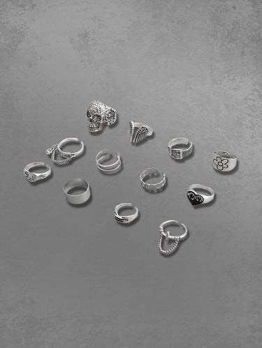 12 Pcs Skull Wing Heart Cross Animal Flower Rings Set