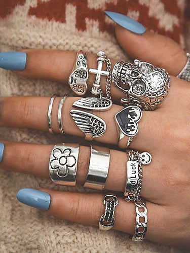 12 Pcs Skull Wing Heart Cross Animal Flower Rings Set
