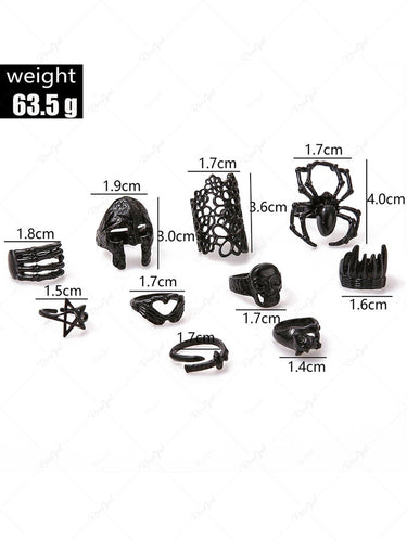 10 Pcs Flower Heart Skull Spider Rings Set