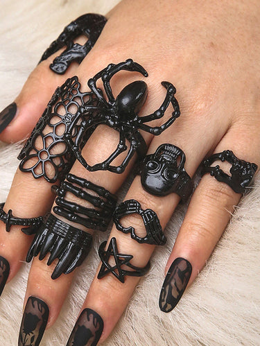 10 Pcs Flower Heart Skull Spider Rings Set