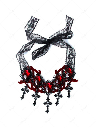 Gothic Cross Tassel Lace Faux Crystal Necklace