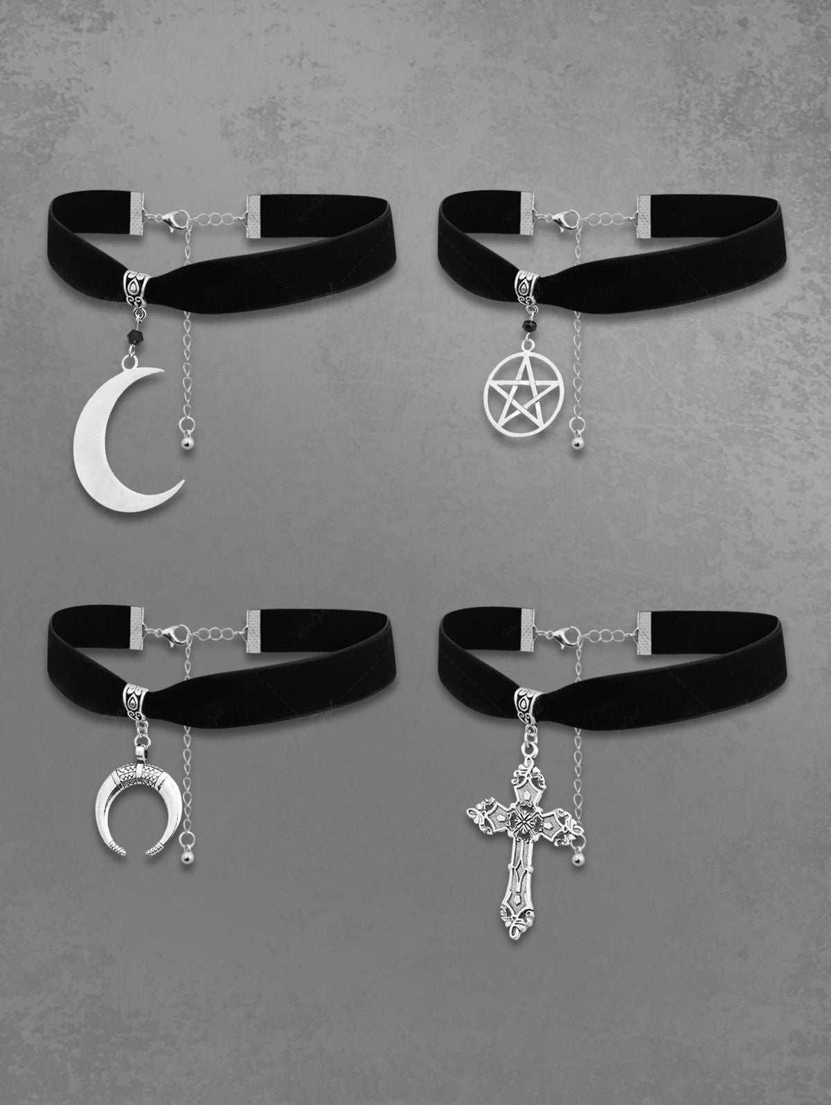 Gothic Punk Cross Moon Pentagram Stars Velvet Choker Set