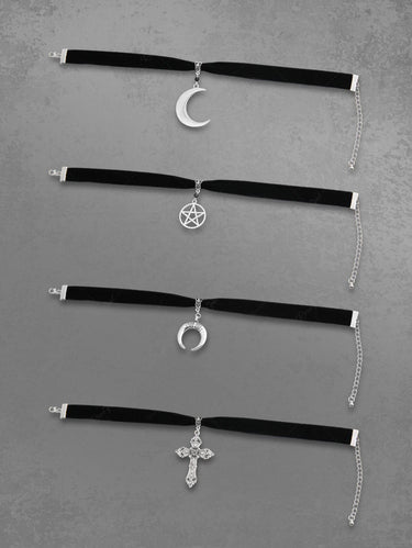 Gothic Punk Cross Moon Pentagram Stars Velvet Choker Set
