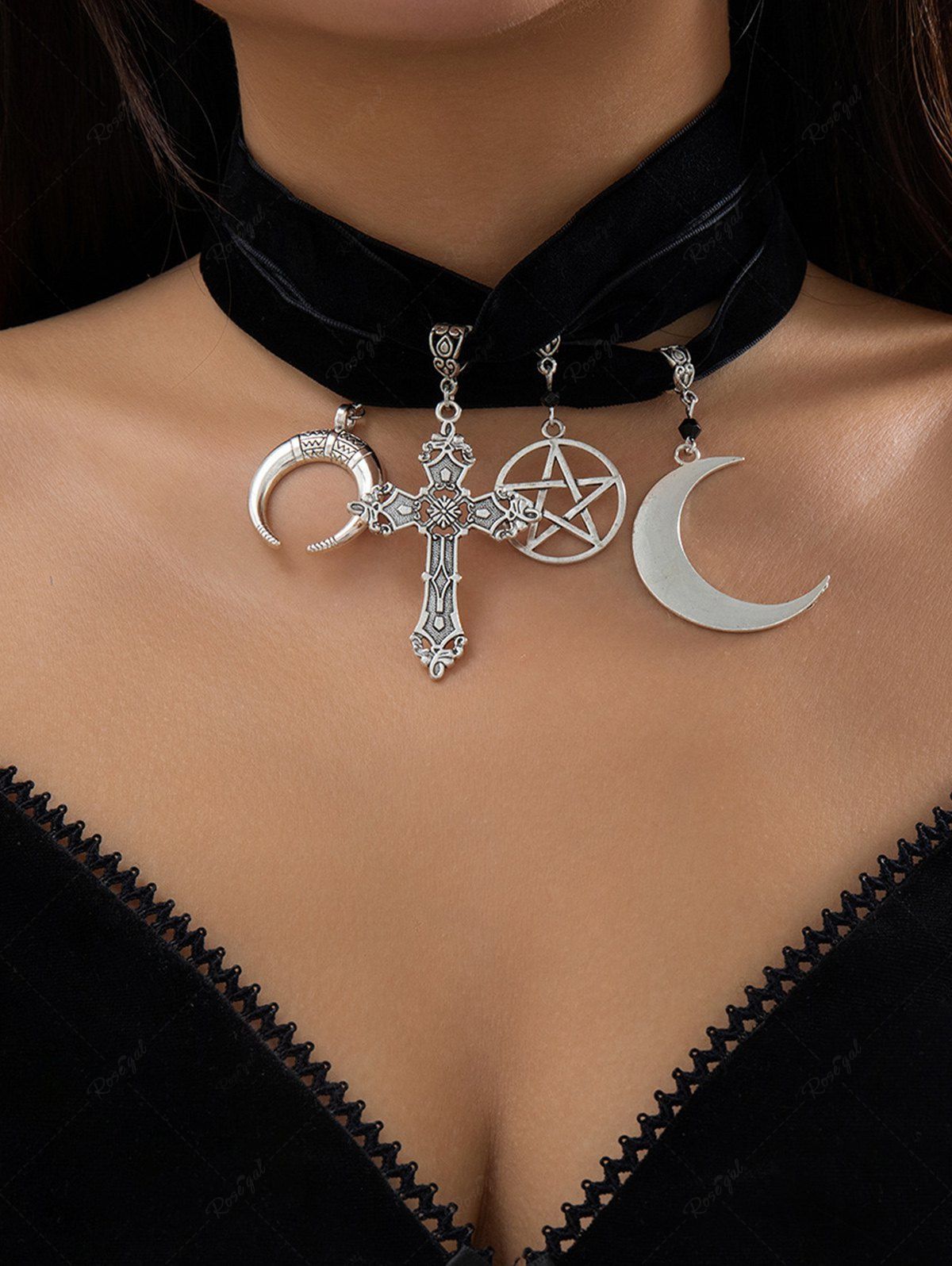 Flyff Rgothic Set Gothic Punk Cross Moon Pentagram Stars Velvet Choker Set – Rgothic