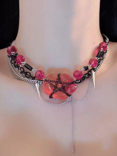 Gothic Double Layered Chain Tassel Stones Gemstone Pentagram Choker