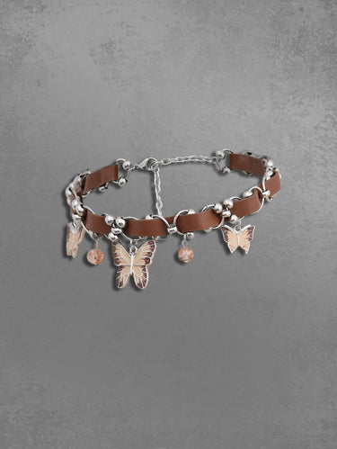 Gothic PU Strap Round Bead Butterfly Decor Choker Necklace