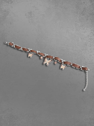 Gothic PU Strap Round Bead Butterfly Decor Choker Necklace