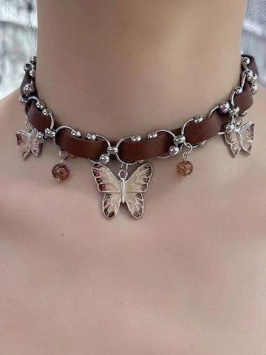 Gothic PU Strap Round Bead Butterfly Decor Choker Necklace