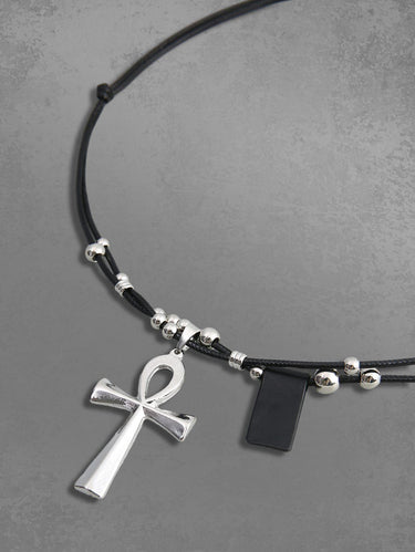 Gothic Cross Round Bead Patchwork Bowknot Tied Pendant Necklace