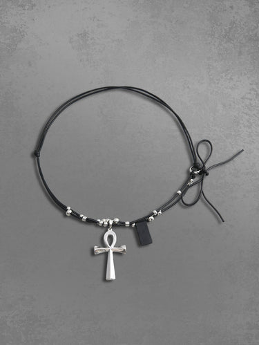 Gothic Cross Round Bead Patchwork Bowknot Tied Pendant Necklace