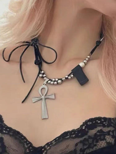 Gothic Cross Round Bead Patchwork Bowknot Tied Pendant Necklace