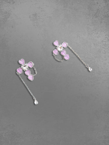 Gothic Glitter Sparkling Heart Cross Shaped Opal Chain Tassel Stud Earrings