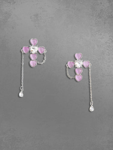 Gothic Glitter Sparkling Heart Cross Shaped Opal Chain Tassel Stud Earrings