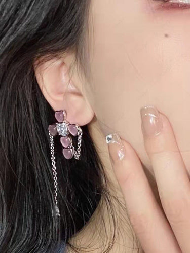 Gothic Glitter Sparkling Heart Cross Shaped Opal Chain Tassel Stud Earrings