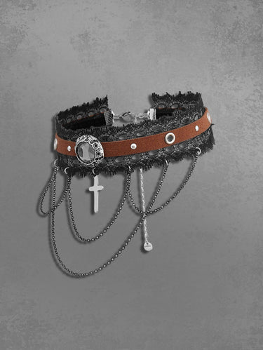 Gothic Lace Patchwork PU Straps Round Buckle Rivet Chains Tassel Cross Choker Necklace