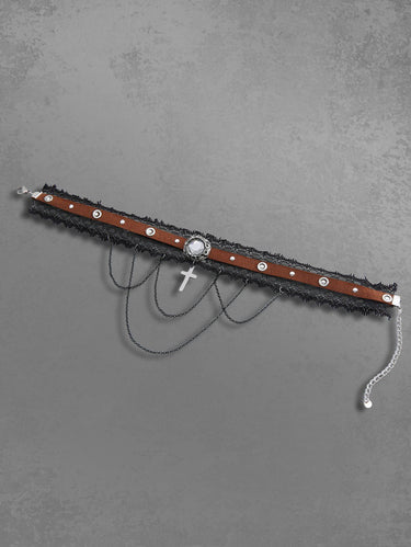 Gothic Lace Patchwork PU Straps Round Buckle Rivet Chains Tassel Cross Choker Necklace