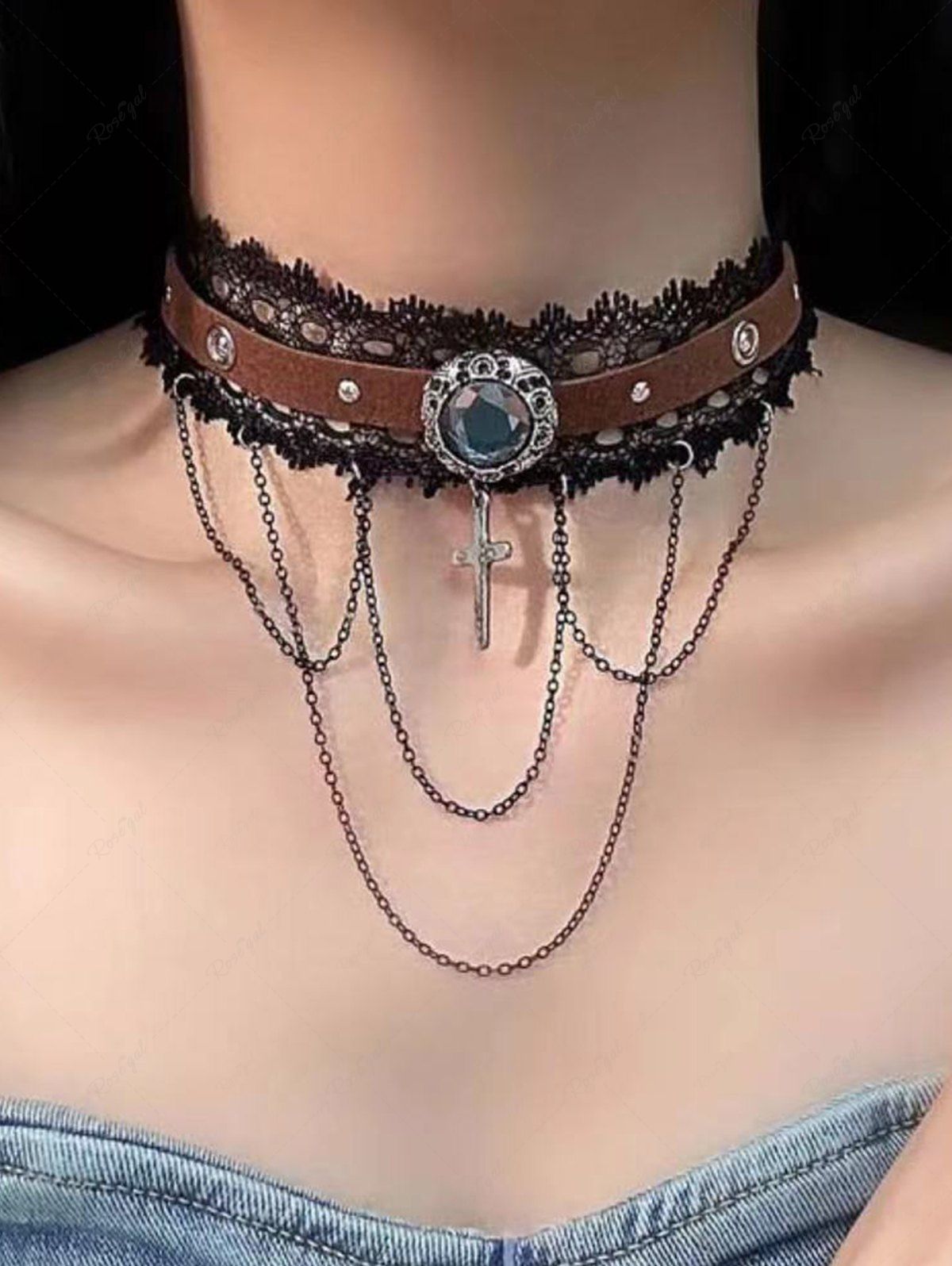 Gothic Lace Patchwork PU Straps Round Buckle Rivet Chains Tassel Cross Choker Necklace