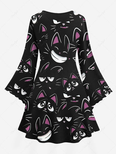 Gothic Plus Size Flare Sleeves Cute Cats Print A Line Dress