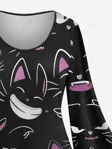Gothic Plus Size Flare Sleeves Cute Cats Print A Line Dress