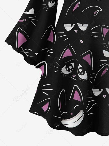 Gothic Plus Size Flare Sleeves Cute Cats Print A Line Dress