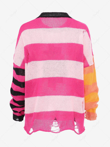 Gothic Plus Size Drop Shoulder Colorful Colorblock Striped Ripped Sun Contrast Piping Pullover Long Sleeves Knit Sweater